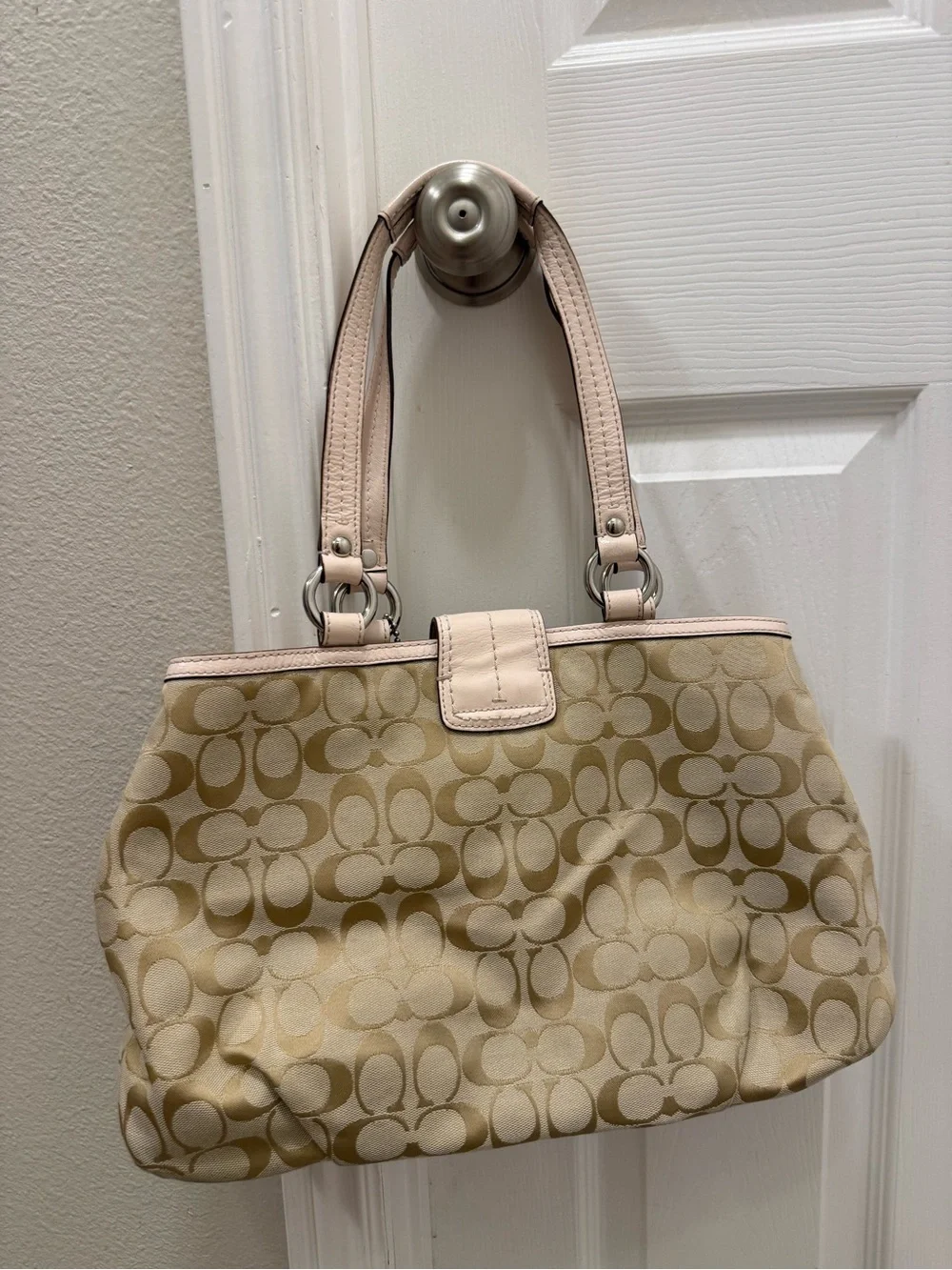Coach VintageBeige Signature Shoulder Bag with Pale Pink Trim and Yellow Accent